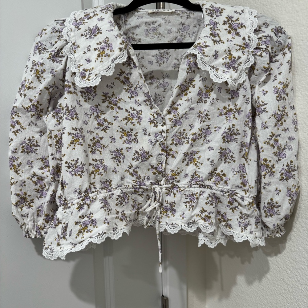 Lace-Trim Floral Peasant Blouse - Purple/White